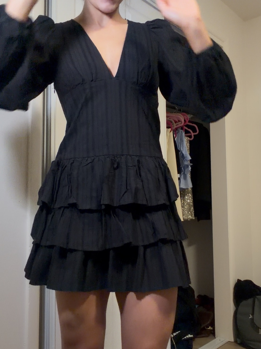 Zara Black Tiered V-Neck Mini Dress with Puff Sleeves